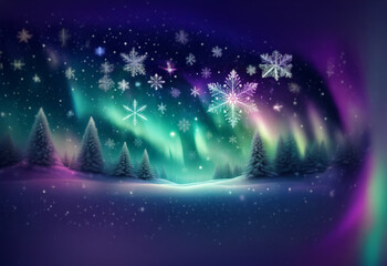 The northern lights illuminate a snowy forest with sparkling snowflakes falling from the sky.