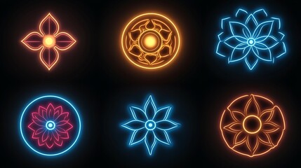 Colorful glowing floral and geometric designs in neon style, showcasing vibrant blue, orange, and pink hues.