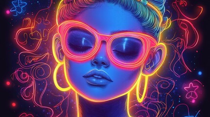 Fototapeta premium A serene young woman with vibrant neon glasses, showcasing an artistic glow against a dark, colorful background.