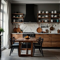 Modern kitchen interior with wooden cabinets, black chairs, and a large window.