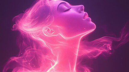 A serene woman with flowing hair is enveloped in vibrant pink and purple light, exuding a dreamy aura.