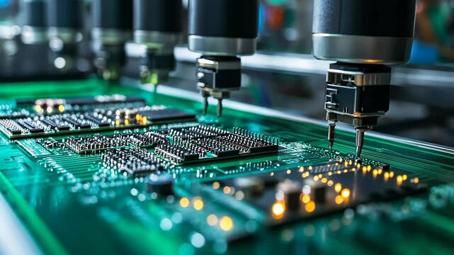 A close-up view of automated machinery inserting components onto a circuit board during the manufacturing process