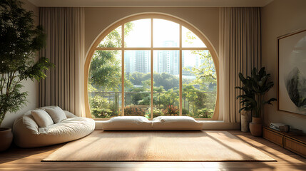 Fototapeta premium Design for a cream-colored apartment living room with smooth arc doors, comfortable furniture, and simple lighting.