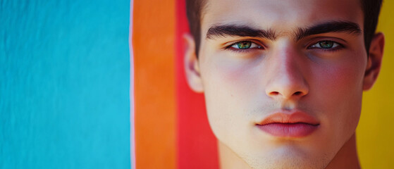 Closeup Portrait of Handsome Young Man with Green Eyes and Colorful Background, Closeup Portrait of Handsome Young Man with Green Eyes and Color