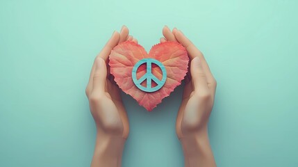 illustration of two hands forming a heart shape, with a peace sign inside the heart, symbolizing love and global unity, using soft pinks, blues, and greens to create a peaceful and inviting design