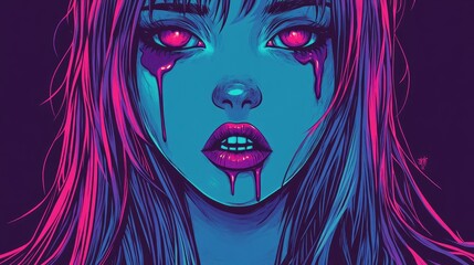 Fototapeta premium Whimsical gradient line illustration of a cartoon vampire girl featuring blood on her cheek