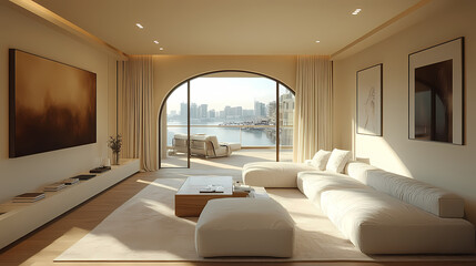 Design for a cream-colored apartment living room with smooth arc doors, comfortable furniture, and simple lighting.