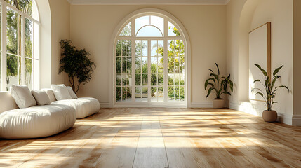 Design for a cream-colored apartment living room with smooth arc doors, comfortable furniture, and simple lighting.