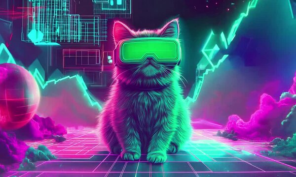 Cat in vaporwave game cyber style