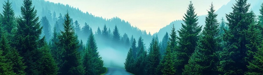 Fototapeta premium Fog rolling through a dense forest in the mountains during early morning