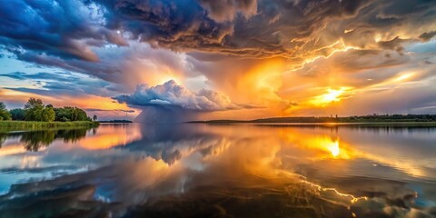 Forced perspective sunrise over lake with thunderstorm, purple air and rainy weather