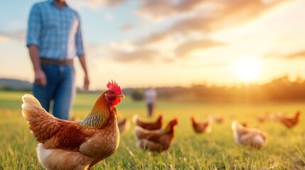 Fototapeta premium Exploring sustainable farming a day in the life on a family chicken farm at sunset.
