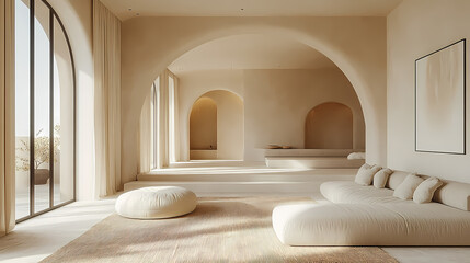 Design for a cream-colored apartment living room with smooth arc doors, comfortable furniture, and simple lighting.