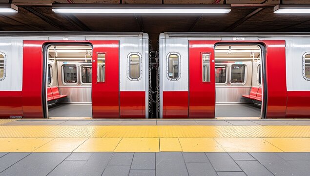 Modern subway station with red and silver trains docking at the platform during early morning hours in an urban setting