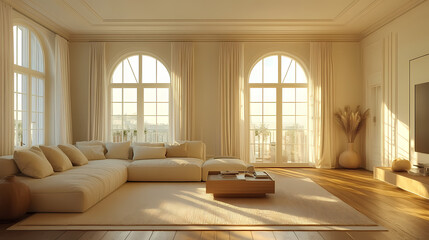 Design for a cream-colored apartment living room with smooth arc doors, comfortable furniture, and simple lighting.