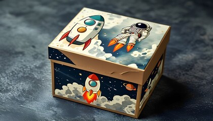 Whimsical space adventure a charming illustrated box featuring rockets and an astronaut perfect for kids' imagination and decor