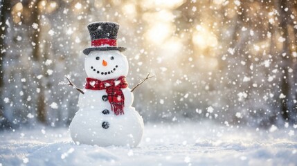 Fototapeta premium Happy snowman standing in a snowy winter forest, with a top hat, scarf, and a wide smile, surrounded by falling snow.