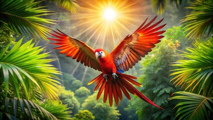 Red Parrot Panoramic Photography - Stunning Tropical Bird in Flight