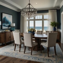 A spacious dining room with a large window overlooking the ocean, a large chandelier, a wooden dining table with six chairs, and a rug.