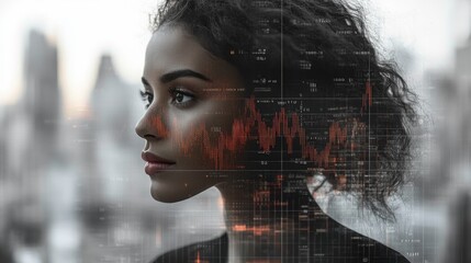 A woman silhouette merges with urban data visuals against a cityscape in soft evening light