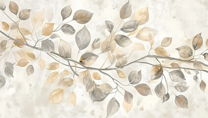 A soft and delicate watercolor illustration of branches with leaves, creating...