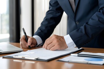 A businessman in a suit is signing a document at his desk.