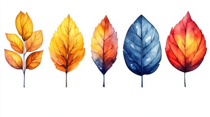 Obraz premium Colorful watercolor leaves in shades of autumn, showcasing yellow, orange, blue, and red hues.
