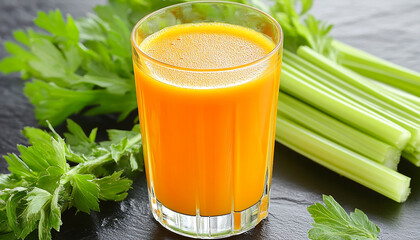 Fototapeta premium Glass of carrot juice with carrots and green leaves generated.AI