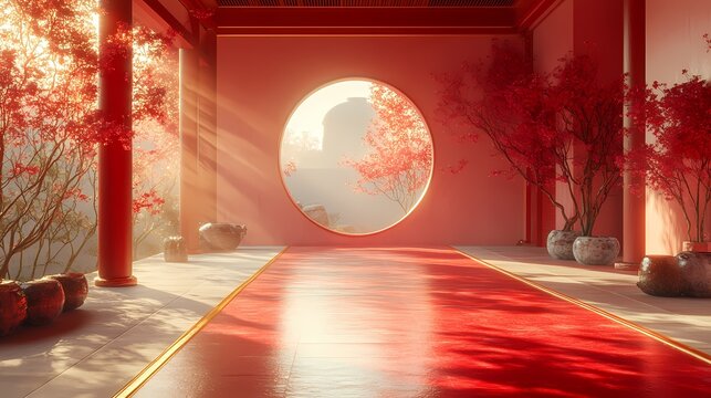traditional chinese red oriental room scene poster background