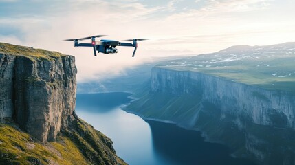 A drone flying over a landscape, capturing aerial footage with a high-resolution camera, representing the use of drone technology in mapping and surveillance.