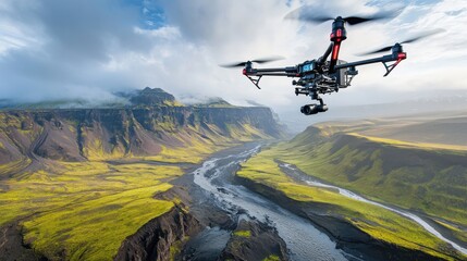A drone flying over a landscape, capturing aerial footage with a high-resolution camera, representing the use of drone technology in mapping and surveillance.