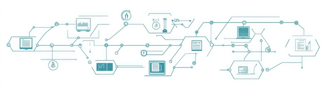 A flowchart-style graphic depicting interconnected data processes and technology elements, illustrating digital workflow concepts.