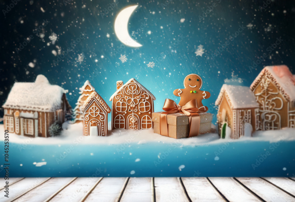 Poster Gingerbread houses and a gingerbread man with a present stand on a snowy landscape with a crescent moon in the sky.