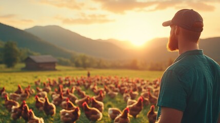 Fototapeta premium A serene sunset on the farm embracing nature and life with chickens in the golden hour.