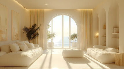 Design for a cream-colored apartment living room with smooth arc doors, comfortable furniture, and simple lighting.