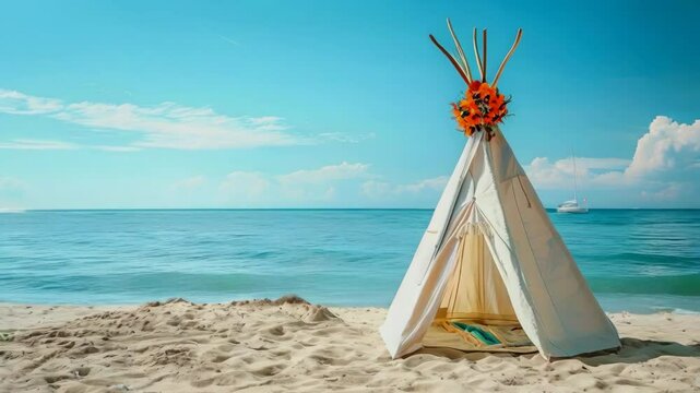 video of teepee tent with flower on top on the beach