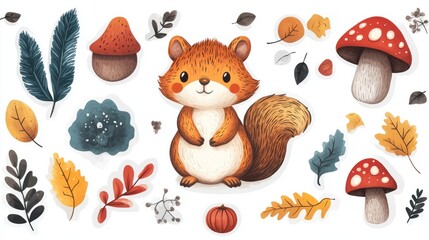 Adorable cartoon squirrel surrounded by colorful autumn leaves and mushrooms.
