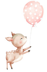 A soft watercolor illustration of a baby deer holding a balloon isolated on a white background.