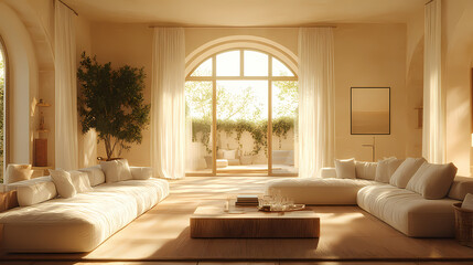 Fototapeta premium Design for a cream-colored apartment living room with smooth arc doors, comfortable furniture, and simple lighting.