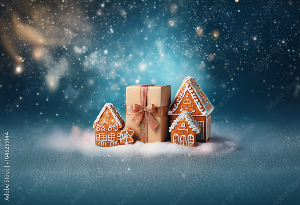 Sticker A large gift box with a brown bow sits between two gingerbread houses on a snowy surface with a blue starry background.