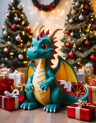 Fototapeta premium Colorful dragon toy sitting among Christmas presents and decorated trees with fairy lights