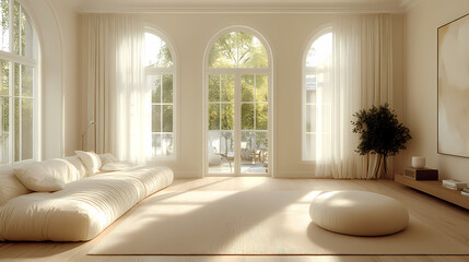 Design for a cream-colored apartment living room with smooth arc doors, comfortable furniture, and simple lighting.