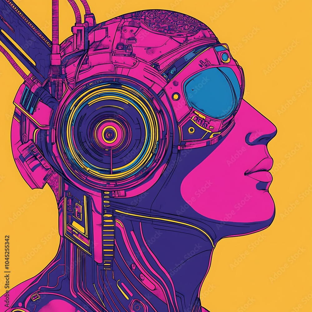 Poster cyborg profile with futuristic tech.