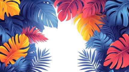 Vibrant tropical leaves in blue, yellow, and red shades frame a blank space, evoking a lively and exotic atmosphere.