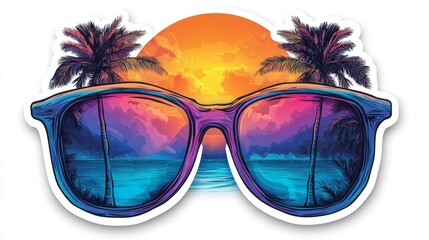 Stylish sunglasses reflecting a vibrant sunset over a tropical beach with palm trees, creating a serene summer vibe.