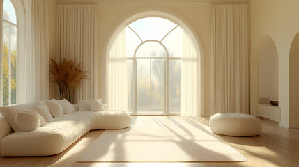 Design for a cream-colored apartment living room with smooth arc doors, comfortable furniture, and simple lighting.