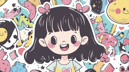Distressed cartoon illustration featuring a charming kawaii girl with a playful sticker design