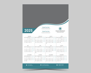 Wall calendar 2025 template, modern 12 month one page calendar design, corporate business calendar.
