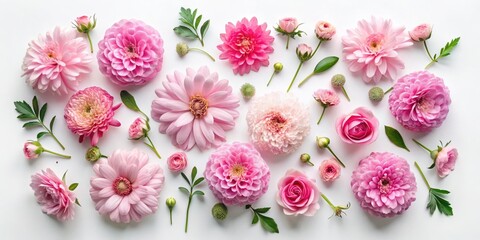 Delicate Pink Floral Arrangement with Softly Opened Petals and Green Foliage on a White Background