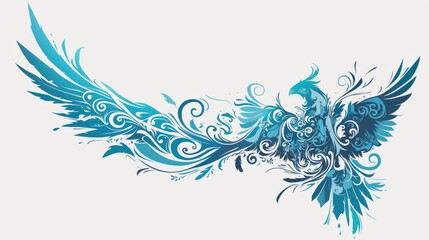 A stunning blue stylized phoenix design with intricate swirls and floral elements, conveying elegance and vitality.